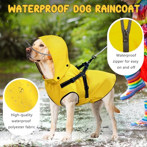 Dog Raincoat: Dog Rain Jacket with Reflective Harness & Removable Hood | Waterproof Dogs Rain Coat Poncho for Large Medium Small Dogs Puppies (Yellow - M) - size: Medium