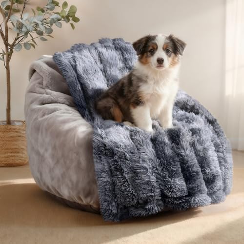 Luciphia Large Waterproof Dog Blanket Pet Washable Liquid Proof Furniture Protector Medium Shaggy Plush Calming Long Faux Fur Bed Cover for Couch Cat Blankets Kitten Doggy, Tie-dye Grey, 40" x 50" - color: Tie-dye Grey, size: 40"x50"
