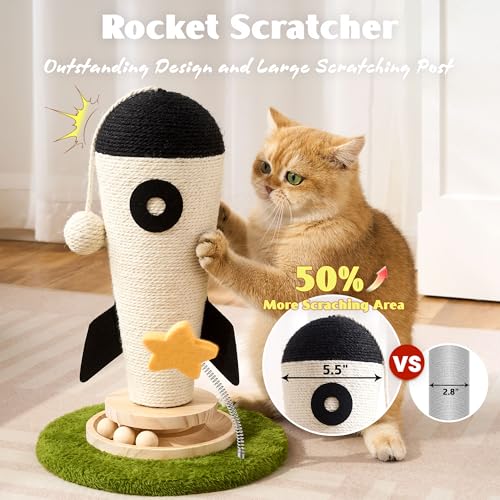 Cat Scratching Post, Rocket Cute Sisal Cat Scratcher with Durable Solid Wood Turntable Toy, Cat Scratch Post Red Cat Scratcher with Spinning Star Toy for Indoor Adult Cats - color: Black Rocket