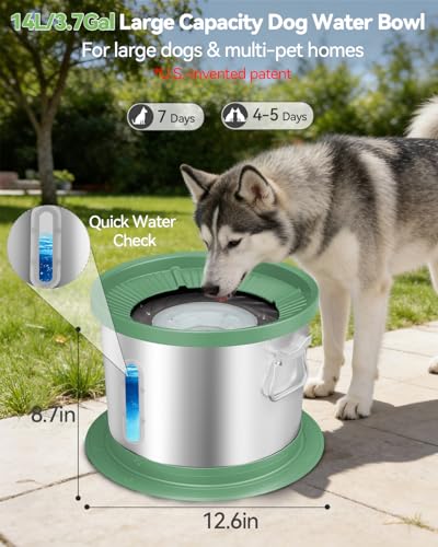 UPSKY 14L No Spill Dog Water Bowl, Stainless Steel Spill Proof Dog Bowl with Water Window, Dual-Suction Anti-Slip Large Capacity Slow Drinking Bowl with Floating Disk for Large Dogs & Messy Drinkers - color: Deep Green