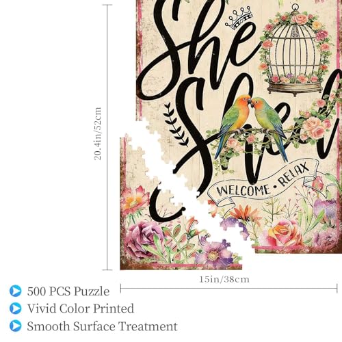 500 Pieces Jigsaw Puzzles for Adults, She Shed Welcome Relax Lovebird Flower Art Puzzle, Stress Relief Logical Thinking Brain Teaser Puzzle 20.4x15 Inch - color: Wooden Puzzle16, size: 500 Piece pcs