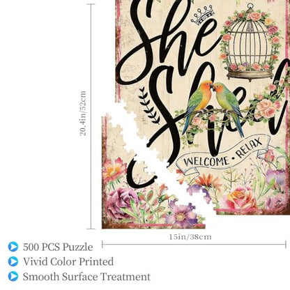 500 Pieces Jigsaw Puzzles for Adults, She Shed Welcome Relax Lovebird Flower Art Puzzle, Stress Relief Logical Thinking Brain Teaser Puzzle 20.4x15 Inch - color: Wooden Puzzle16, size: 500 Piece pcs