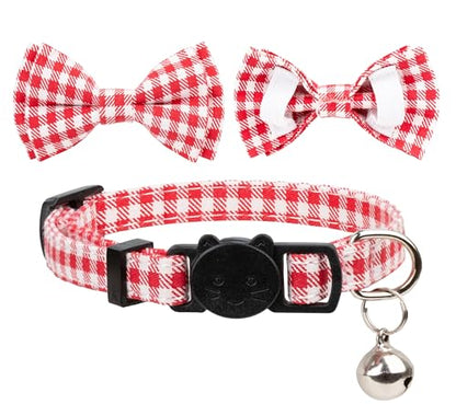 Cat Collar with Bow Tie 2pcs Set Bell Boy Girl Kitten Safety Plaid Grid Checkered Solid Color Suede Velvet Cute Soft Gift [2pcs] Red - color: Style A-[2pcs] Red