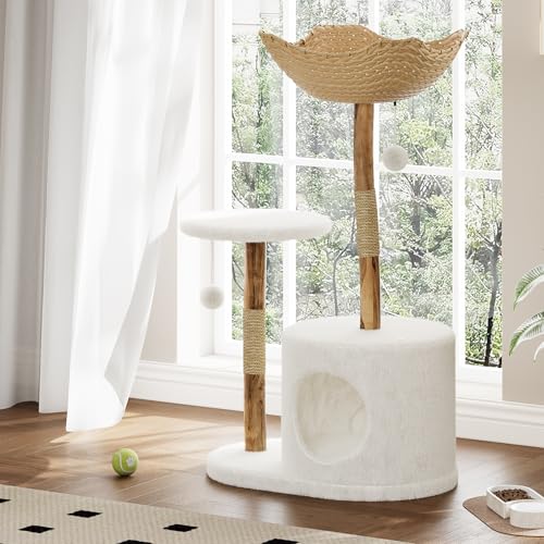 Modern Cat Tree Tower, Natural Solid Wood & Rattan Design with Woven Basket & Condo, Multi-Level Cat Activity Center for Indoor Cats, Aesthetic Pet Furniture - size: Small
