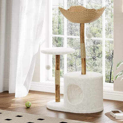 Modern Cat Tree Tower, Natural Solid Wood & Rattan Design with Woven Basket & Condo, Multi-Level Cat Activity Center for Indoor Cats, Aesthetic Pet Furniture - size: Small