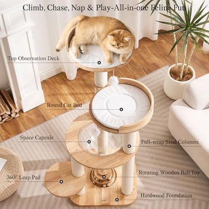 797Audio Modern Solid Wood Cat Tree Tower, 49" Tall Cat Tree with Sisal Scratching Posts and Capsule for Adult Cats, Natural Oak Wooden Cat Tower,Aesthetic Multi-Level Cat Climbing Tree for Indoor Cat - color: 49 Inch-Turntable Toy