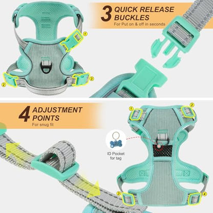 BEAUTYZOO No Pull Dog Harness, Adjustable Dog Harness and Leash Set -Easy Wearing with 3 Buckles/Control Handle,No Choke Soft Padded Reflective Pet Vest for Training Walking Hiking,Solid Aqua Blue L - color: Solid Aqua Blue, size: L: chest 22"-33"