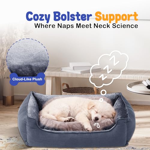 Rectangle Dog Bed for Small Dogs Washable Pet Bed with Bolster Sides Non-Slip Bottom Pet Sofa Waterproof Lining Durable Pet Cuddler, Dark Grey, 21x 16x 6.3 in - color: Dark Grey, size: 21"L x 16"W x 6.3"Th