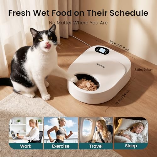 Refrigerated Automatic Cat Feeder Wet Food with Semiconductor Cooling, No Ice Packs 48H Fresh Keeping, Removable Dual-Section Tray, 4-Meal Timer for Portion Control, Work Schedules & Weekend Travel