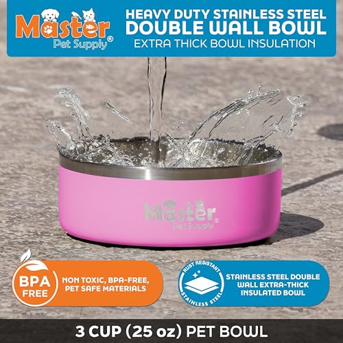 Master Pet Supply Stainless Steel Dog Bowls - 25 oz, Heavy Duty - Hyper Pink, Double Wall Extra-Thick Insulated, Non-Slip Pet Water Bowl for Dogs, Cats & Pets, Anti Rust Metal, Dish Washer Safe - color: Hyper Pink, size: 3 Cups (25 oz)
