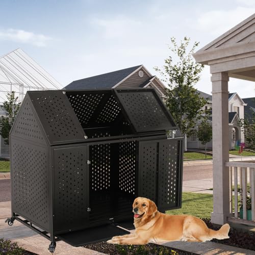 44 inch Heavy Duty Dog Crate with Wheels, Indestructible Escape-Proof Dog Kennel with Locking Latch and Double Door, Large XL Cage Indoor for Large and Medium Dog with Removable Tray - size: 43.3"L x 29.5"W x 46.1"H