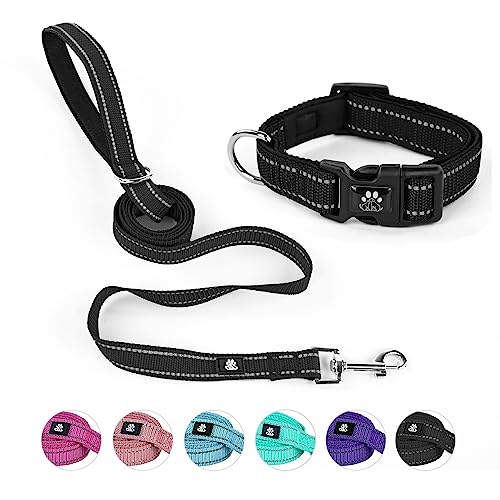 Dog Collar and Leash Set,Reflective Dog Collars with Quick Release Buckle,Adjustable Nylon Pet Collar for Small Medium Large Dogs(Medium,Black) - color: Black, size: Medium