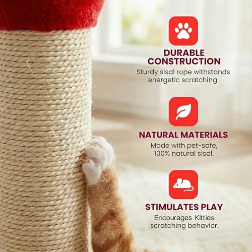 Cat Scratching Post 22'', Scratching Post with Extra Wide 12" Heavy Duty Base for Indoor Kitty, Scratching Post with Natural Sisal & Velvet Fabric for Small, Medium Cat, Red - color: Red