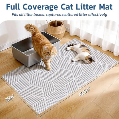 Extra Large Cat Litter Mat, 40x25 Inch Trimable & Soft Foam Pad, Leak-Proof & Non-Slip Bottom, Machine Washable, Scatter Control for Litter Box Area (Beige Geo)