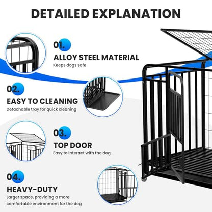 37-Inch Medium Dog Crate with Divider, Double Door Folding Alloy Metal Wire Cage with Leak-Proof Plastic Tray, Portable Pet Kennel for Indoor, Outdoor, and Travel,Black