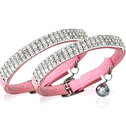CHUKCHI Soft Velvet Safe Cat Adjustable Collar Bling Diamante with Bells,11 inch for Small Dogs and Cats (Pink- 2 Pack) - color: Pink- 2 Pack