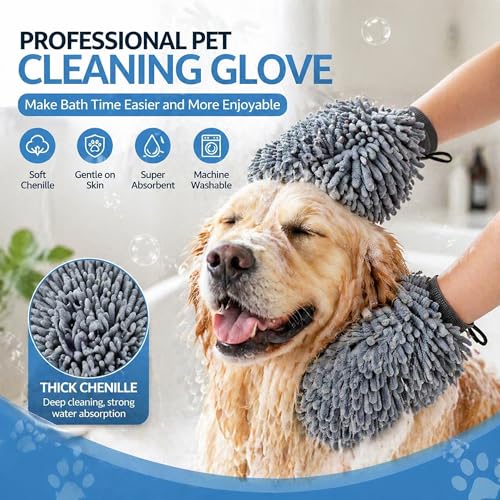 Super Absorbent Dog Dry Bath Gloves, Chenille Microfiber Pet Dirty Dogs Grooming Glove, Suitable for All Dog Breeds, For Wiping Wet Paws and Bodies, Machine Washable 2 Pack