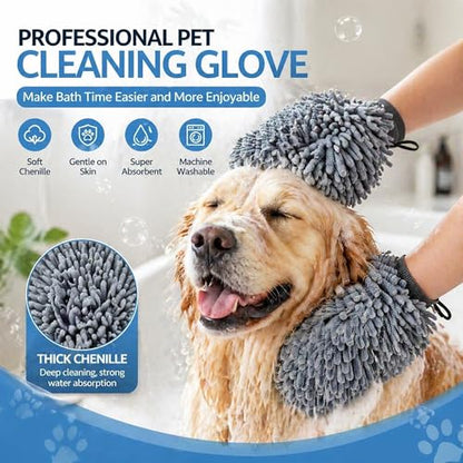Super Absorbent Dog Dry Bath Gloves, Chenille Microfiber Pet Dirty Dogs Grooming Glove, Suitable for All Dog Breeds, For Wiping Wet Paws and Bodies, Machine Washable 2 Pack