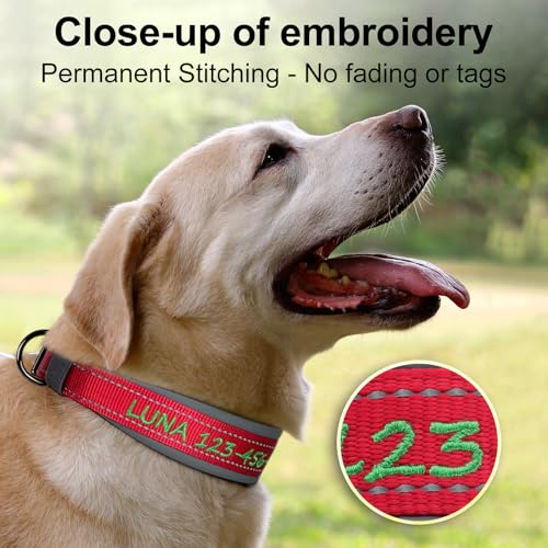 Personalized Dog Collar, Embroidered Name & Phone Number, Custom Reflective Nylon Pet Collar, Adjustable with Soft Neoprene Padding and Metal Buckle for Small Medium Large Dogs