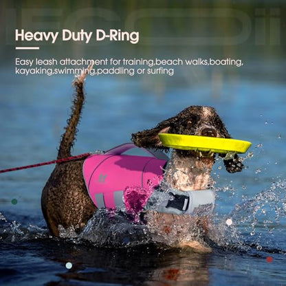IECOii Large Dog Life Jacket for Swimming, Reflective Dog Floating Vest with Strong Life Handle and Metal D-Ring, Summer Beach & Pool Essentials Water Play Gear, Bright Pet Dogs Life Vest Rosered, L - color: Rose Red, size: Large Chest:22.8-29.5'')