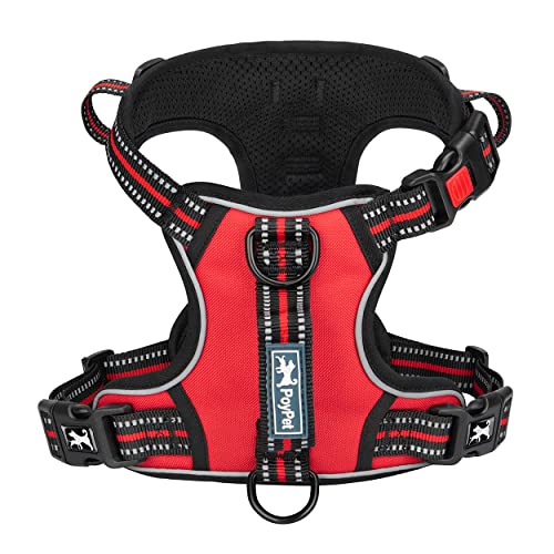 PoyPet No Pull Dog Harness, No Choke Front Clip Reflective Dog Vest with Soft Padded Vertical Handle, 3 Leash Attachments for Small Medium Large Dogs (Red,L) - color: Red, size: Large