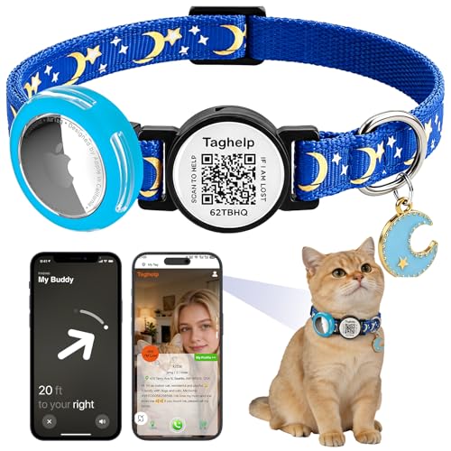Waterproof Airtag Cat Collar Breakaway with Bell,Moon and Stars Pendant,Reflective Kitten Collar with Apple Airtag Holder,Safety Buckle for Girl Boy Cats,Pet Supplies,Accessories,Gifts (Blue B) - color: Stars & Moons - Blue