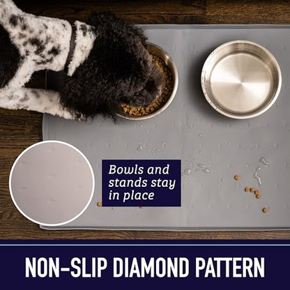 Leash Boss Waterproof Spill Guard Dog & Cat Silicone Dog Food Mat - Non-Slip Raised Edge Dog Bowl Mat - Waterproof Spill Guard Cat Food Tray - 25 x 17 in, Black - color: Black, size: XL - 25" x 17"
