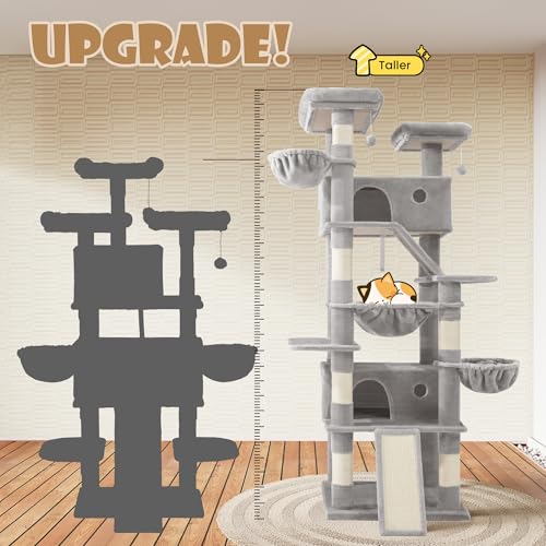 SHA CERLIN 81in Multi-Level Tall Cat Tree Tower for Indoor Kitties/Larger Cat Condo Furniture with Hammock/Cozy Pussycat Perches/Sisal Scratching Posts/Pet House/Wide Base/Grey - color: Grey