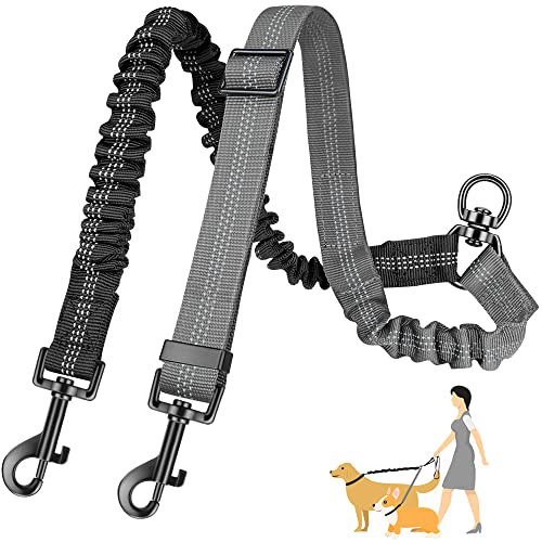 AUTOWT Two Dog Lead, 2 in 1 Upgraded Double Dog Leash Attachment Combine Adjustable Strap and Shock Absorbing Bungee No Tangle Dual Training Splitter for Medium Large Dogs (Black & Grey) - color: Black & Grey