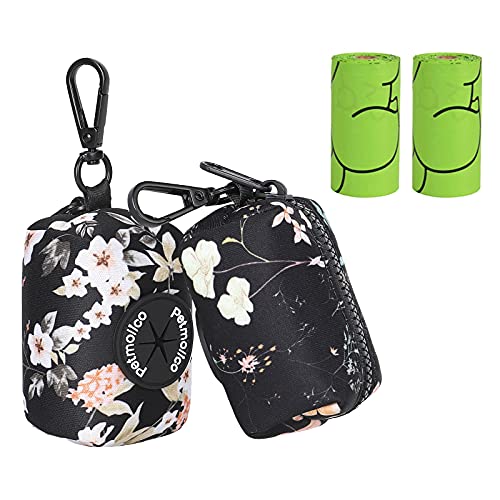 Dog Poop Bag Holder Leash Attachment, Waste Bag Dispenser Zippered Pouch - 2 Pack, Fits Any Leash, Includes Free Roll of Bags, Yellow White Blooming - color: Yellow White Blooming