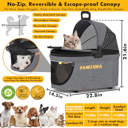 PAWZIDEA Portable Small Dog Crate for Car Travel up 33lbs, Enclosed Dog Car Seat Soft-Sided, Escape-Proof Reversible No-Zip Canopy, Foldable Pet Carrier Seatbelt for Small Medium Puppies & Cats Kennel - color: Mid-Hemp Grey, Small/Medium