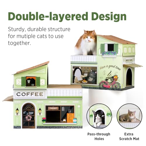 SMILE PAWS Cat Beds for Indoor Cats, Cardboard Cat House with Scratchers, Coffee Shop, Large Sturdy Cat Furniture Condo Cave Tent, Easy to Assemble Pet Toys Accessories Stuffs, Bunny Small Animals - style: Coffee Shop