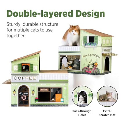 SMILE PAWS Cat Beds for Indoor Cats, Cardboard Cat House with Scratchers, Coffee Shop, Large Sturdy Cat Furniture Condo Cave Tent, Easy to Assemble Pet Toys Accessories Stuffs, Bunny Small Animals - style: Coffee Shop