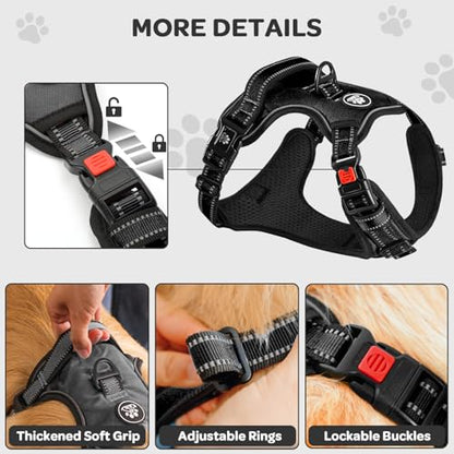 Plaid Dog Harness for Small Dogs, Reflective No Pull Adjustable Pet Vest with Front Clip, Leash, Easy Control Handle and Seat Belt, Black, S - color: Black, size: Small