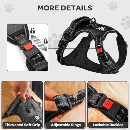 Plaid Dog Harness for Large Dogs, Reflective No Pull Adjustable Pet Vest with Front Clip, Leash, Easy Control Handle and Seat Belt, Black, L - color: Black, size: Large