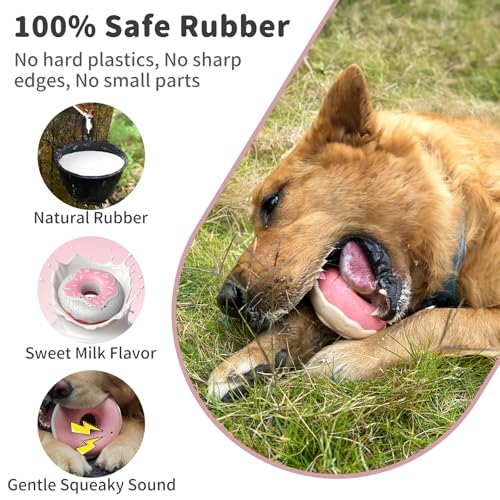 Dog Toys for Aggressive Chewers, Indestructible Squeaky Chew Toy to Keep Them Busy, Interactive Rubber Donut with Milk Flavor & Bounce, Teeth Cleaning for Small Medium Large Breed, Pink - color: Pink