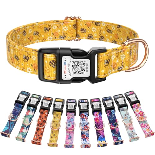 Small Dog Collar with Name QR Code - Floral Soft Thin Female Cute Dog Collar for Puppy - Comfortable Adjustable Cotton Girl Dog Collar with Buckle - color: Honey Yellow - Bee & Daisy Floral, size: S