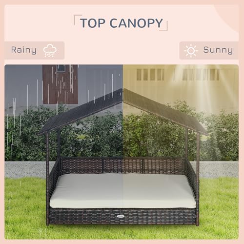 PawHut Outdoor Wicker Dog House with Canopy, Rattan Dog Bed with Soft Cushion Removable Cover for Medium and Large Dogs, Cream White