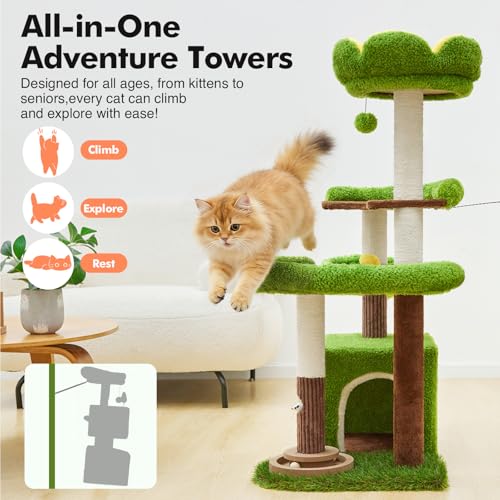 Woochpet Cat Tree Tower with Large Cat House,Three Platforms Jumping and Sleeping for Cats Multi-Functional for Kittens and Adult Cats (Green) - size: 63*49*118