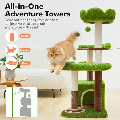 Woochpet Cat Tree Tower with Large Cat House,Three Platforms Jumping and Sleeping for Cats Multi-Functional for Kittens and Adult Cats (Green) - size: 63*49*118