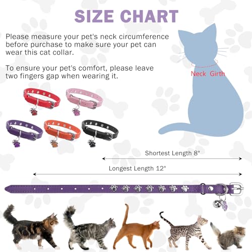 SCENEREAL Cat Collar with Bells, Leather Cat Collars with Paw Studded, Adjustable Pet Collars for Boy Girl Cats,Soft Cute Cat Collar for Kitty Puppy Small Big Cats, Purple - color: Purple