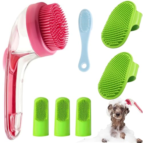 7 PCS Pet Bath Brush Set, Dog Bath Brush with Shampoo Dispenser, Cat Chin Cleaning Brush, Dog Toothbrush, Adjustable Glove Massage Brush Pet Scrubber for Bathing Long Short Haired Dogs Cats (Rose Red) - color: Rose Red