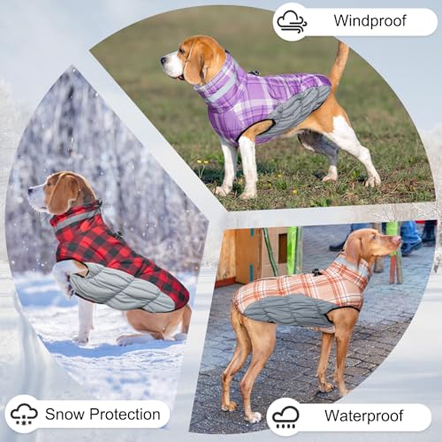 BEAUTYZOO Dog Winter Coat with Harness Built in, Reflective Plaid Puffer Vest Waterproof for Large Dogs, Fleece Warm Puppy Zipped Jacket with D Ring, Pet Cold Weather Sweater Clothes, Red L - color: Red Buffalo, size: Large