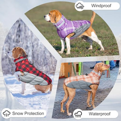 BEAUTYZOO Dog Winter Coat with Harness Built in, Reflective Plaid Puffer Vest Waterproof for Large Dogs, Fleece Warm Puppy Zipped Jacket with D Ring, Pet Cold Weather Sweater Clothes, Red L - color: Red Buffalo, size: Large