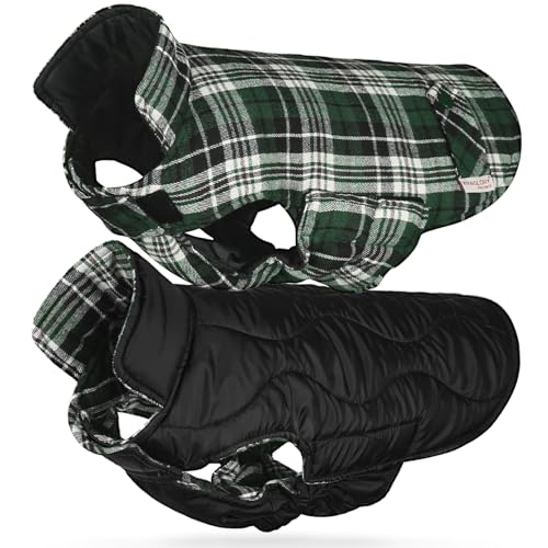 VIVAGLORY Softjoy Dog Coat, Dog Jacket for Winter & Christmas, Coat with Harness Hole, Reversible Plaid Checkered Warm Fluffy Heavy Duty for Puppy, XXS, Green - color: Green (Reversible Design), size: XXS: 12-15in (Chest Girth)