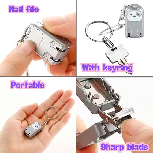 Mini Nail Clippers Keychain, Cute Cat Nail Clipper, Small Foldable Portable Travel Size, Cutie Kitten, Compact Pocket Folding Nail Cutter Keyring (Silver) - color: Silver