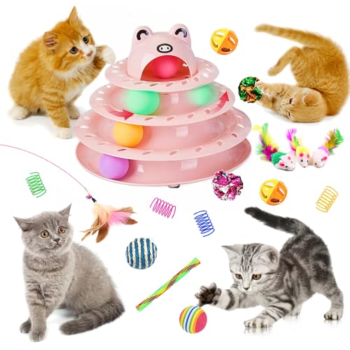 17 Pack Cat Toys, 4-Level Turntable Ball Track Interactive Cat Toy for Indoor Cats, Self Play Fun Roller with Colorful Rotating Ball Puzzle Exercise Kitten Toys Set - color: Light Pink