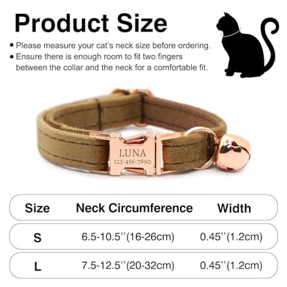 Personalized Non-Breakaway Cat Collar with Name, Luxury Soft Velvet Custom Engraved Name Collar with Bell for Kittens & Cats (Black, S (6.5-10.5 inches)) - color: Black, size: S (6.5-10.5 inches)