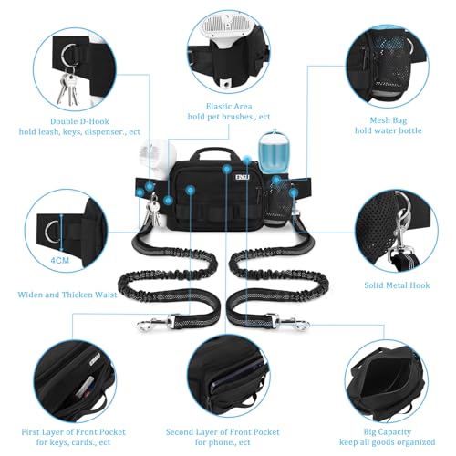 Hands Free Dog Leash with Zipper Pouch, Waist Belt for Large Medium 2 Dogs for Running, Walking, Jogging and Hiking, Dual Padded Handles and Durable Bungee - Black (2 Dog) - color: 2 Dog Black