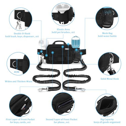 Hands Free Dog Leash with Zipper Pouch, Waist Belt for Large Medium 2 Dogs for Running, Walking, Jogging and Hiking, Dual Padded Handles and Durable Bungee - Black (2 Dog) - color: 2 Dog Black